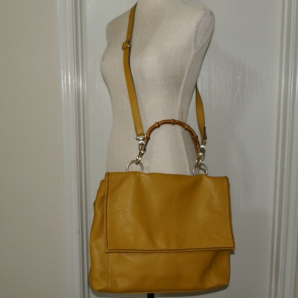 Plinio Visona Made in Italy Genuine Leather Mustard Yellow Large Crossbody Bag - Picture 14 of 14